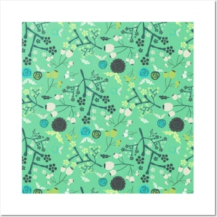 Green Floral Pattern Posters and Art